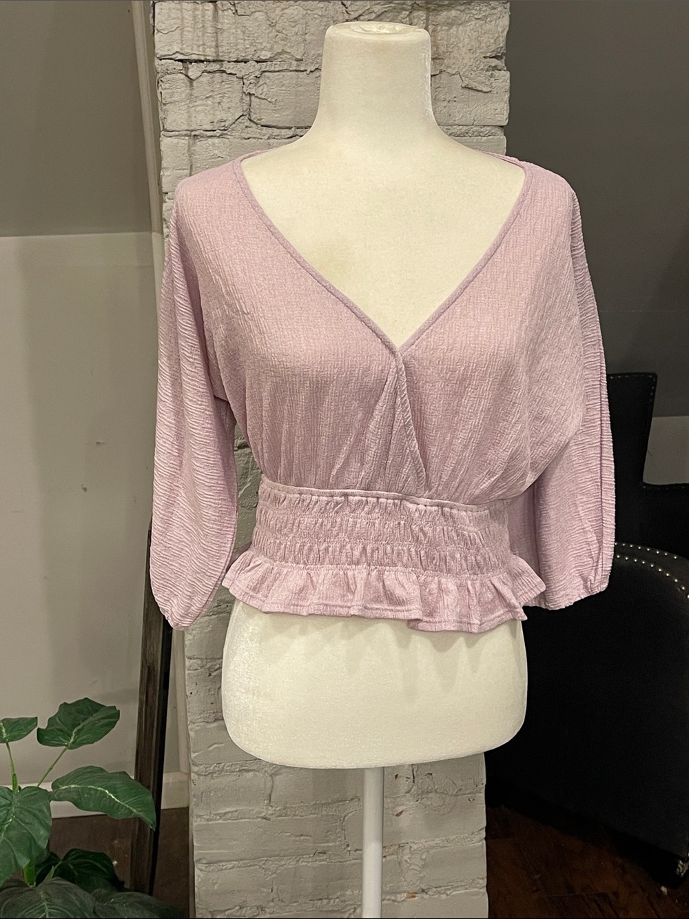 vestique Light Pink V-Neck Smocked Peplum Blouse